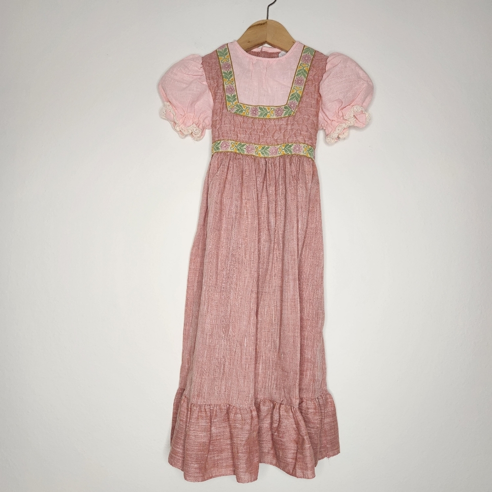 VTG Cinderella Girls Size 5 Pink Puff Sleeve Tie Back Dress Prairie Peasant